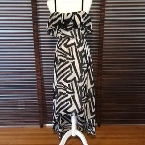 CATCH MY I Women's Spaghetti Strap Uneven Hem Ruffle Dress Black White sz L